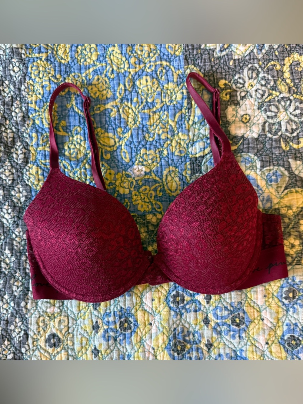 PINK Victoria's Secret Burgundy Lace-Texture Leopard Print Push-Up Bra